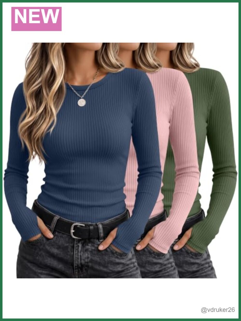 Ribbed Long Sleeve Tops with Thumb Holes Slim Fit Cotton 3 Pack